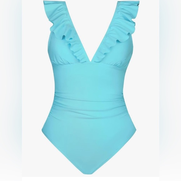 Elegant tummy control 
Ruched Stunning Turquoise Ruffle 
One-Piece Swimsuit - Picture 7 of 8